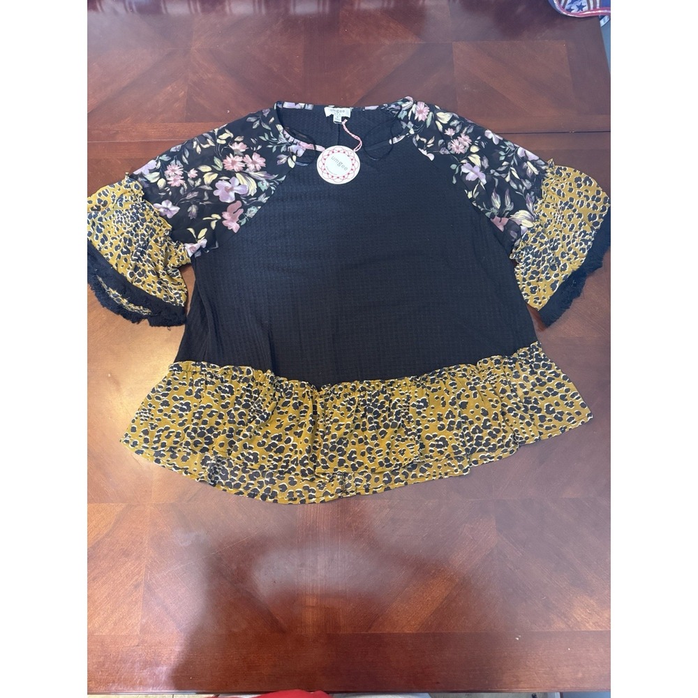 Umgee Boho Floral Leopard Mixed Print Ruffle Sleeve Waffle Knit Top M